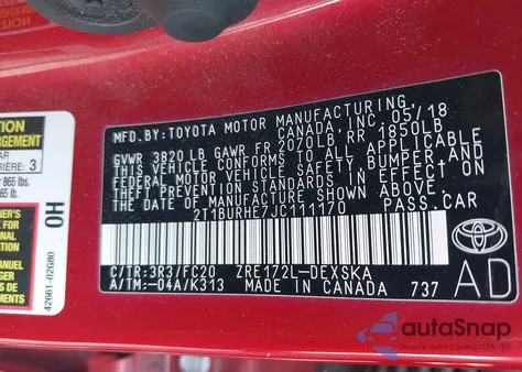 2018 Toyota Corolla Se z USA, uszkodzony, nr VIN 2T1BURHE7JC111170